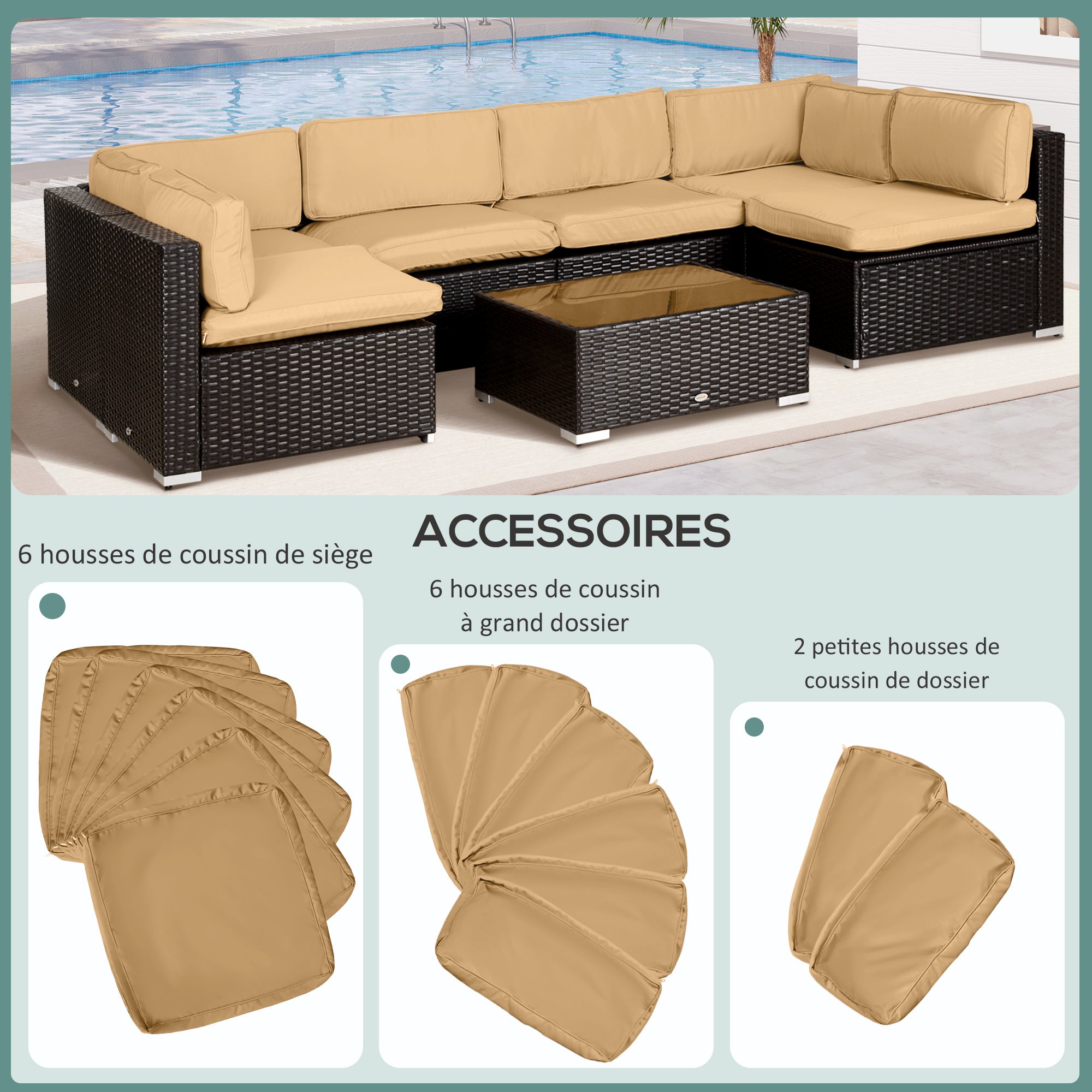 Set of 14 Replacement Covers Garden Lounge Cushions - 6 Seat Cushion Covers, 8 Back Cushion Covers - Zippered Water-Repellent Polyester Brown