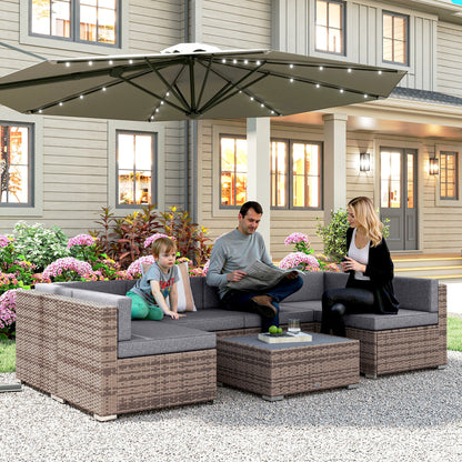 7-Piece Outdoor Rattan Garden Lounge Set with Coffee Table and Modular Sofa with Cushions, Gray