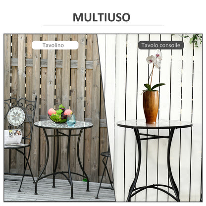 Small Metal and Ceramic Garden Table, Mosaic Outdoor Table for Terrace or Balcony, 60x71cm, Gray Black