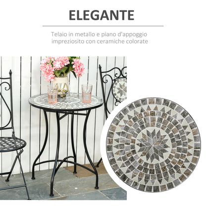 Small Metal and Ceramic Garden Table, Mosaic Outdoor Table for Terrace or Balcony, 60x71cm, Gray Black