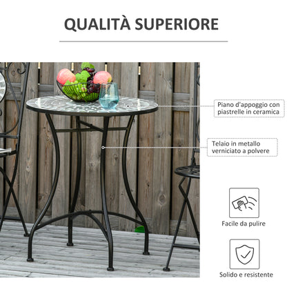 Small Metal and Ceramic Garden Table, Mosaic Outdoor Table for Terrace or Balcony, 60x71cm, Gray Black