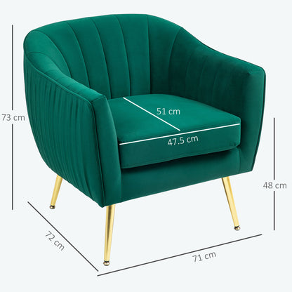 Upholstered Lounge Armchair with Armrests and Backrest, Modern Design, Metal Legs (71x72x73 cm) Green