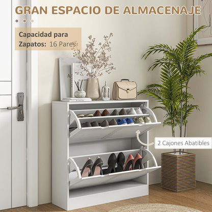 Modern Shoe Rack Entryway Shoe Cabinet with 2 Flip-Down Drawers and Adjustable Shelves for 16 Pairs of Shoes Narrow Shoe Cabinet for Hallway 81.5x25x83 cm White