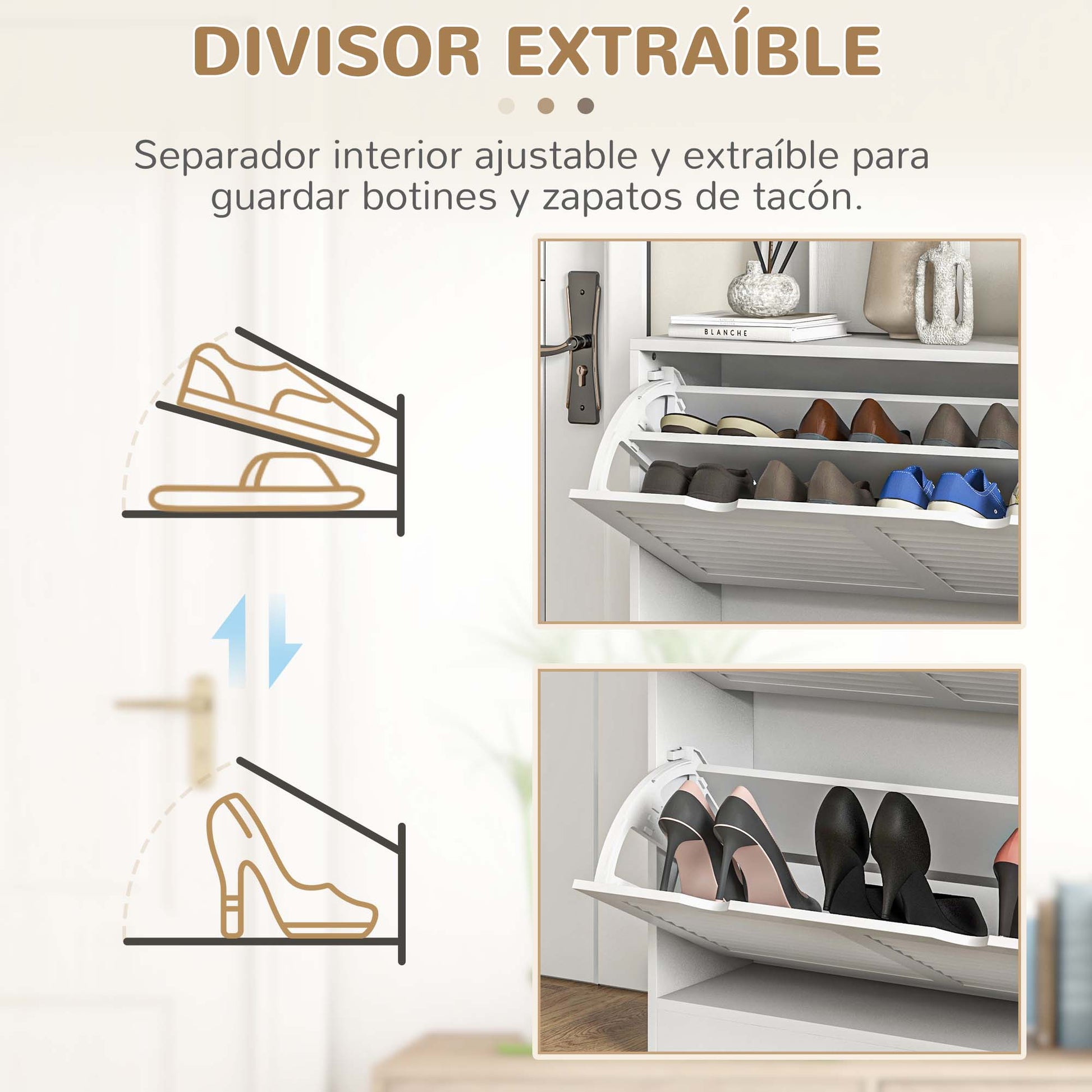 Modern Shoe Rack Entryway Shoe Cabinet with 2 Flip-Down Drawers and Adjustable Shelves for 16 Pairs of Shoes Narrow Shoe Cabinet for Hallway 81.5x25x83 cm White