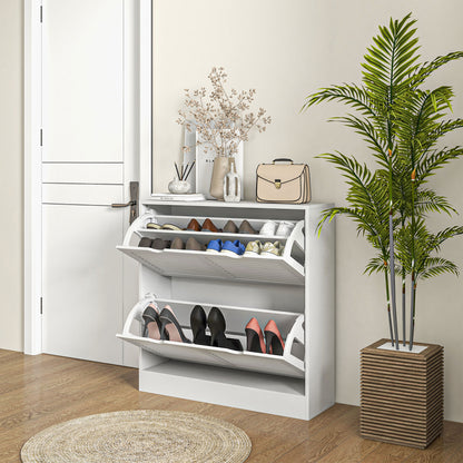 Modern Shoe Rack Entryway Shoe Cabinet with 2 Flip-Down Drawers and Adjustable Shelves for 16 Pairs of Shoes Narrow Shoe Cabinet for Hallway 81.5x25x83 cm White