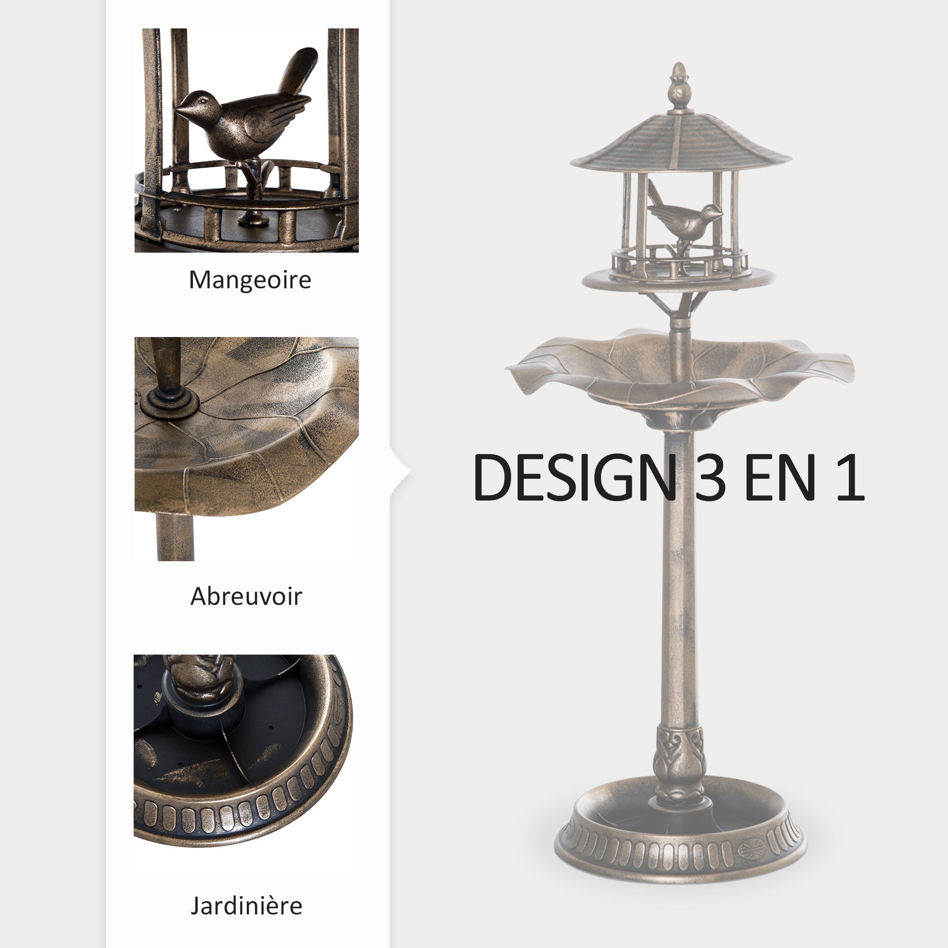 Bird Bath Feeder for Birds Planter 3 in 1 Ø 50 x 113H cm polypropylene Antique Bronze