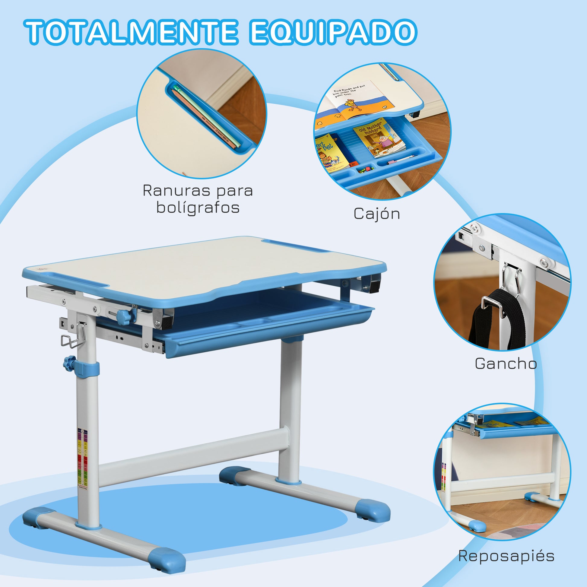 Kids Desk and Chair Set 2 in 1 Writing Table and Seat for Children 6+ Years with Adjustable Height Adjustable Tabletop and Sliding Tray 26x18.5x30.5 inches Blue
