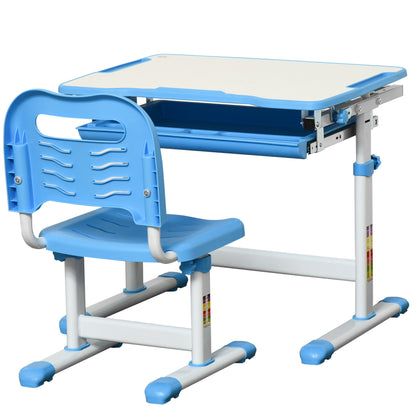 Kids Desk and Chair Set 2 in 1 Writing Table and Seat for Children 6+ Years with Adjustable Height Adjustable Tabletop and Sliding Tray 26x18.5x30.5 inches Blue