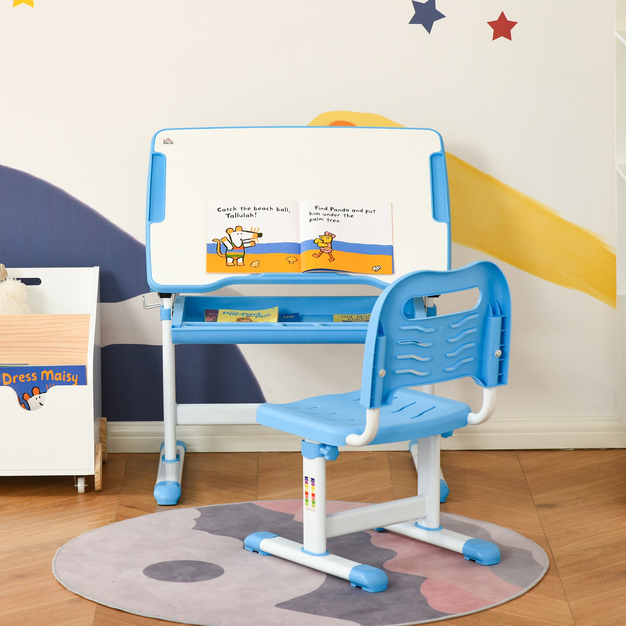 Kids Desk and Chair Set 2 in 1 Writing Table and Seat for Children 6+ Years with Adjustable Height Adjustable Tabletop and Sliding Tray 26x18.5x30.5 inches Blue