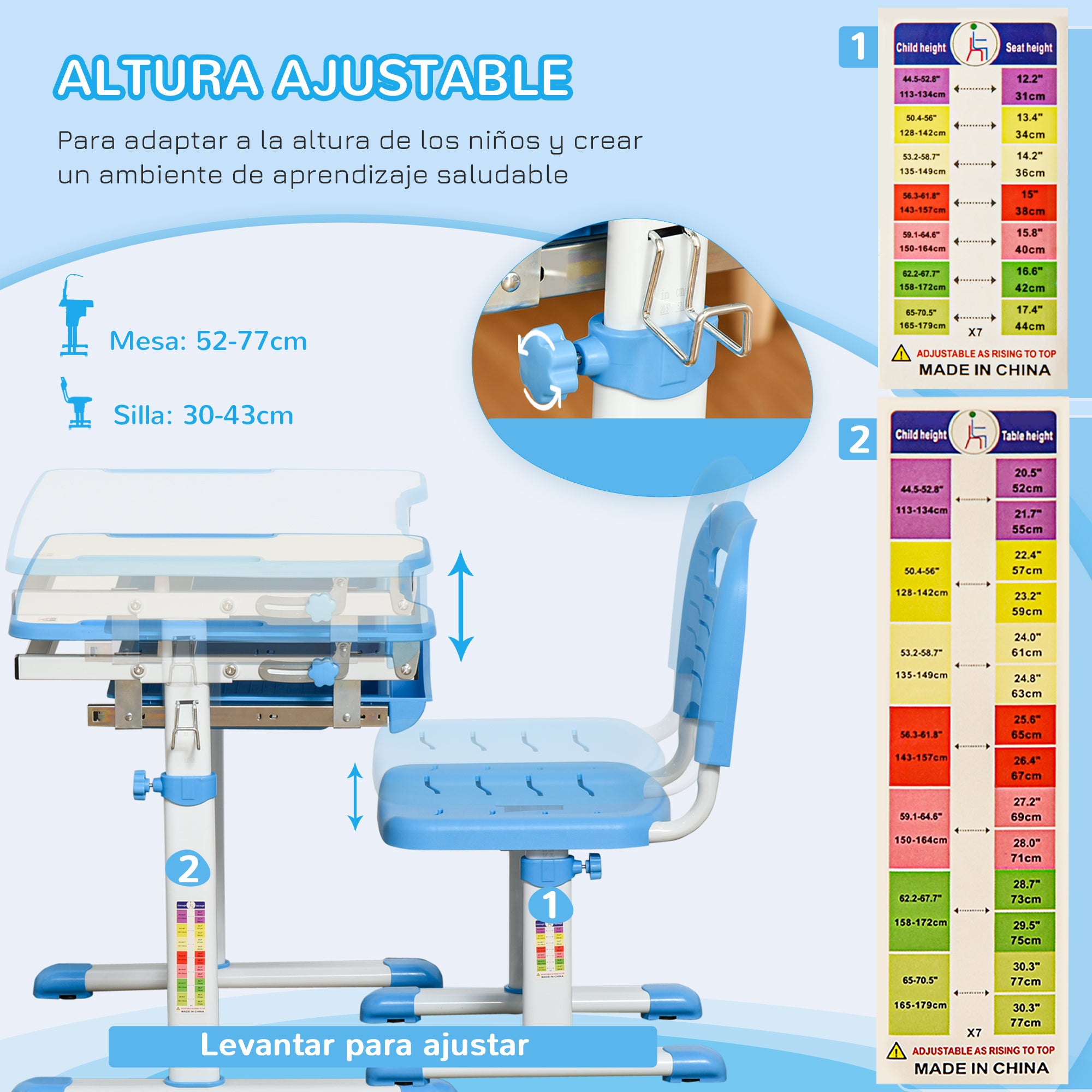 Kids Desk and Chair Set 2 in 1 Writing Table and Seat for Children 6+ Years with Adjustable Height Adjustable Tabletop and Sliding Tray 26x18.5x30.5 inches Blue
