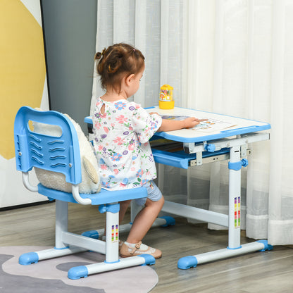 Kids Desk and Chair Set 2 in 1 Writing Table and Seat for Children 6+ Years with Adjustable Height Adjustable Tabletop and Sliding Tray 26x18.5x30.5 inches Blue
