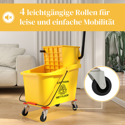 Cleaning Cart 36 Liter Bucket with Press, Household Cart with Mop and Handle for Building Cleaning, Office Cleaning Yellow