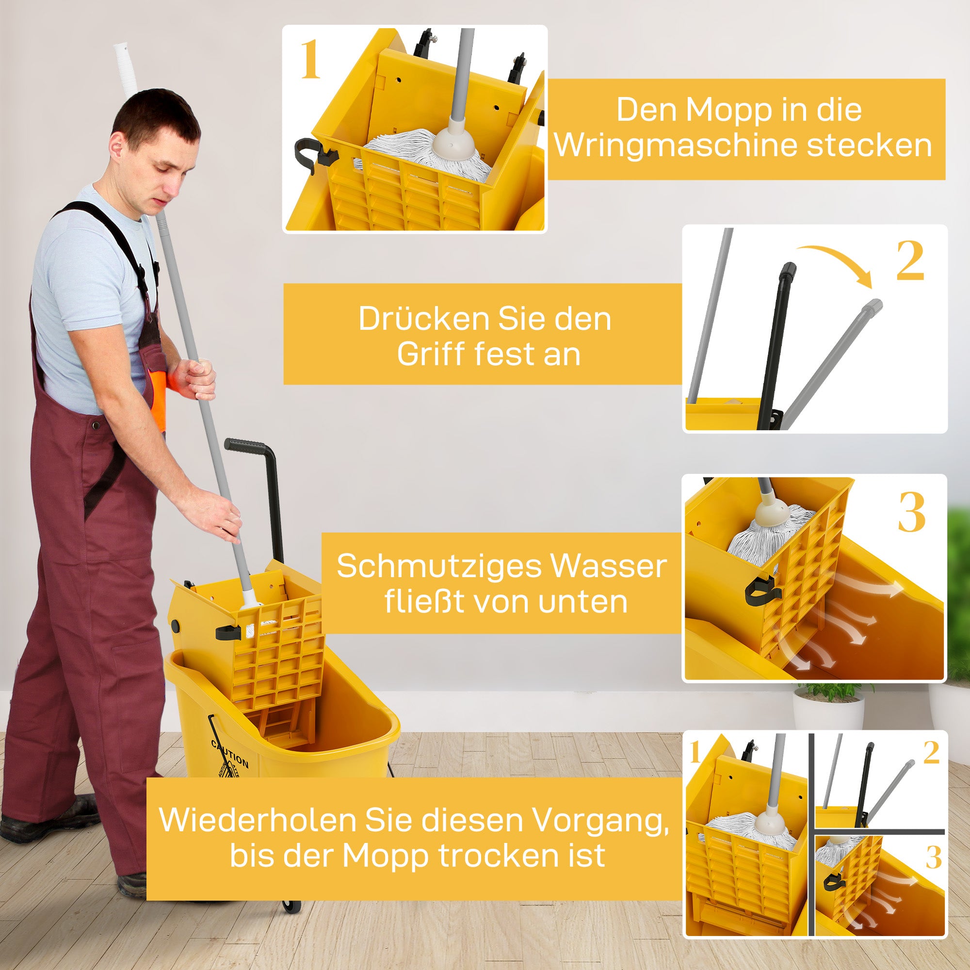 Cleaning Cart 36 Liter Bucket with Press, Household Cart with Mop and Handle for Building Cleaning, Office Cleaning Yellow