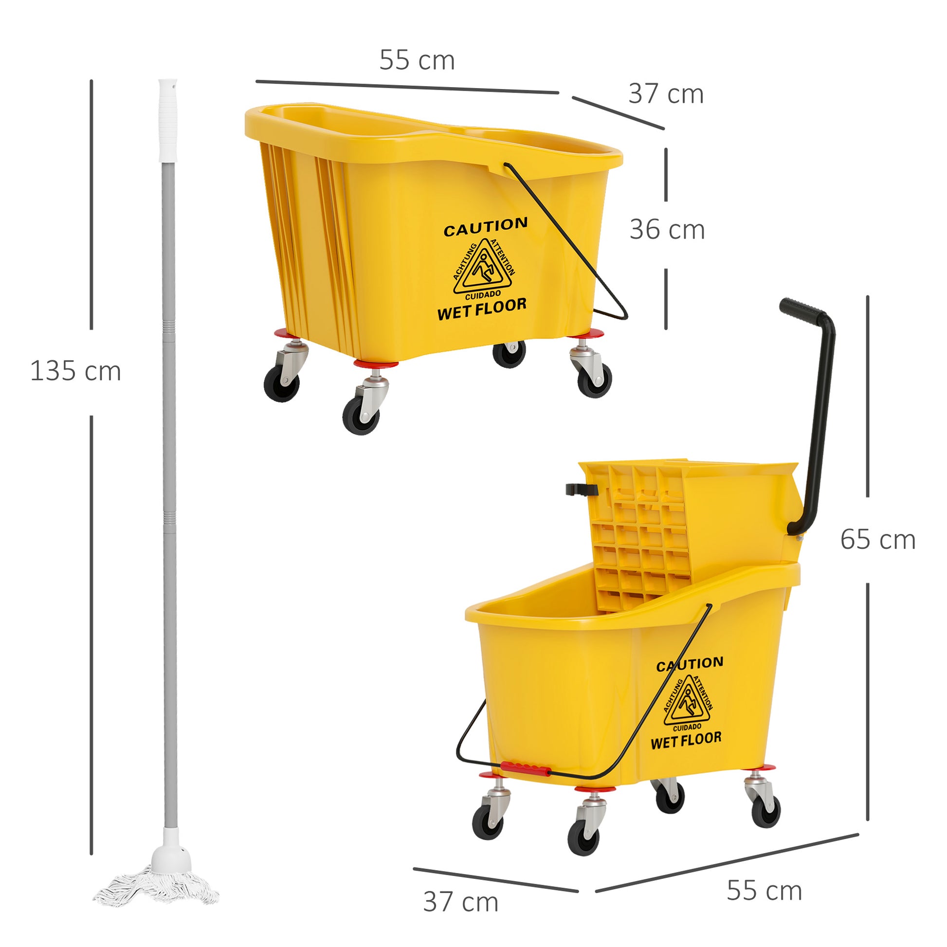 Cleaning Cart 36 Liter Bucket with Press, Household Cart with Mop and Handle for Building Cleaning, Office Cleaning Yellow