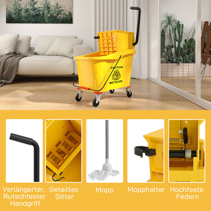 Cleaning Cart 36 Liter Bucket with Press, Household Cart with Mop and Handle for Building Cleaning, Office Cleaning Yellow