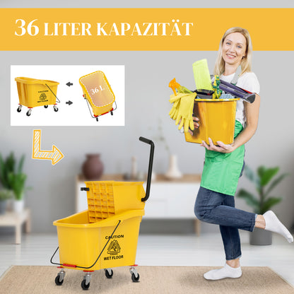 Cleaning Cart 36 Liter Bucket with Press, Household Cart with Mop and Handle for Building Cleaning, Office Cleaning Yellow