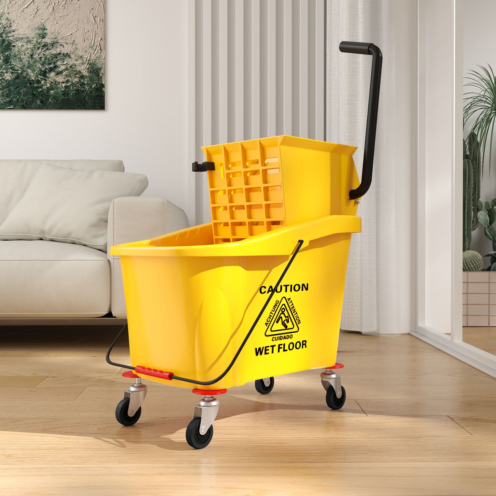 Cleaning Cart 36 Liter Bucket with Press, Household Cart with Mop and Handle for Building Cleaning, Office Cleaning Yellow
