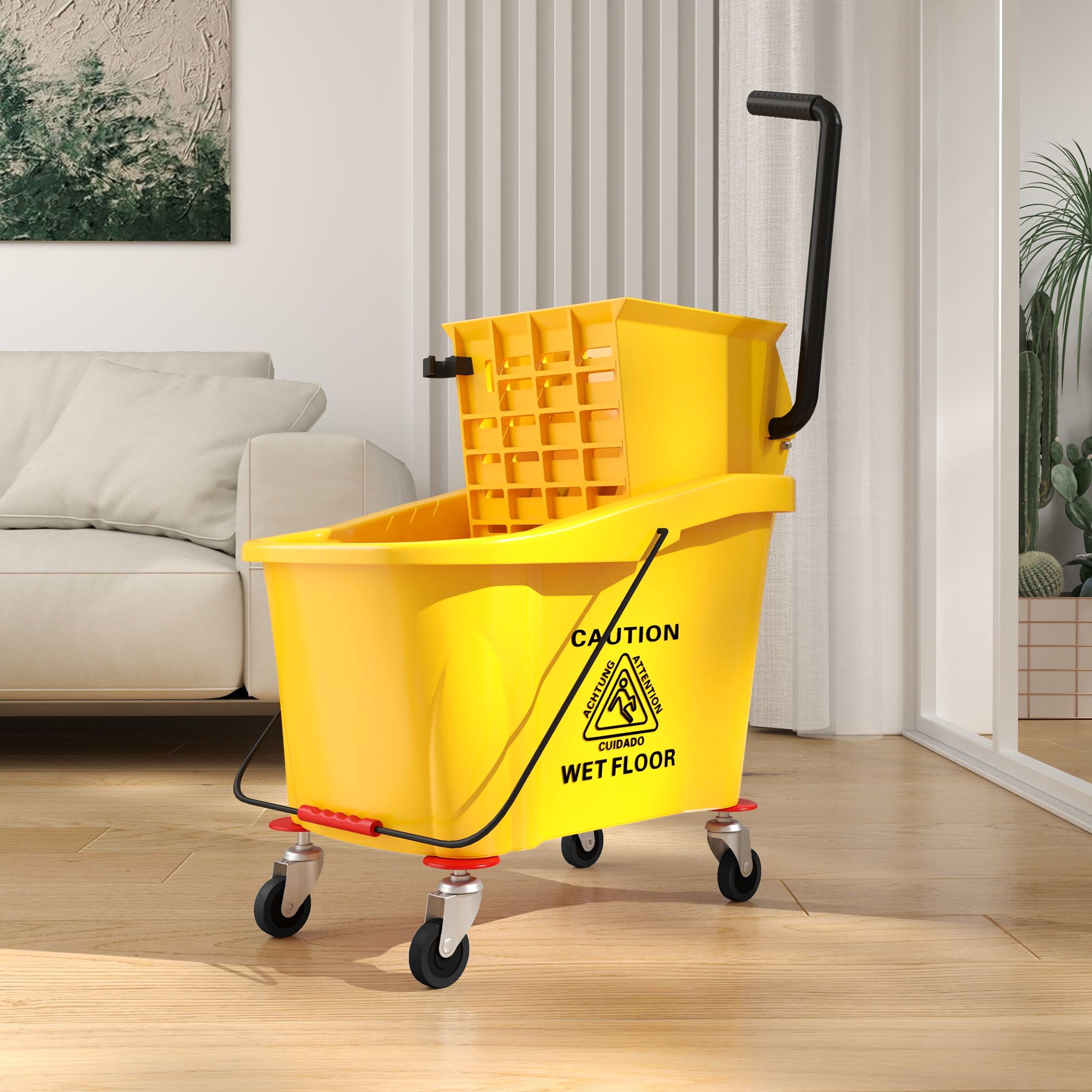 Cleaning Cart 36 Liter Bucket with Press, Household Cart with Mop and Handle for Building Cleaning, Office Cleaning Yellow