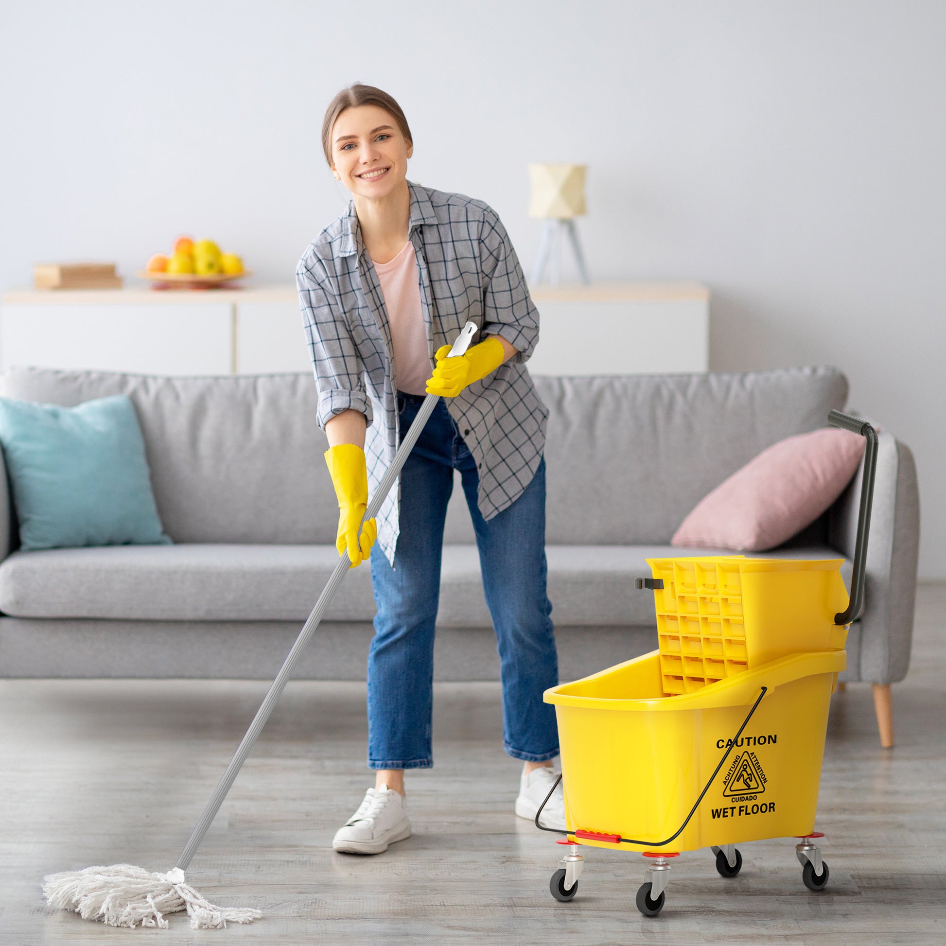 Cleaning Cart 36 Liter Bucket with Press, Household Cart with Mop and Handle for Building Cleaning, Office Cleaning Yellow