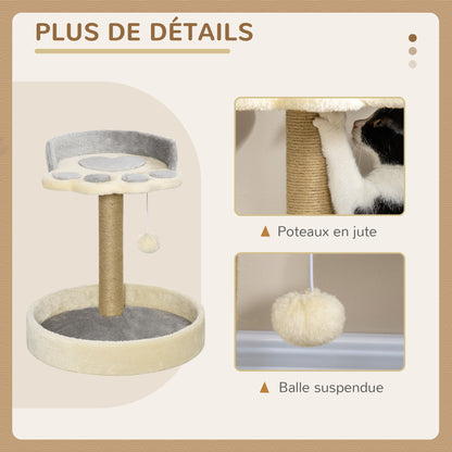 Cat Scratching Post Tree in the Shape of a Paw with 2 Platforms and a Hanging Plush Pompon - Gray