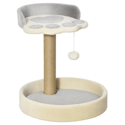 Cat Scratching Post Tree in the Shape of a Paw with 2 Platforms and a Hanging Plush Pompon - Gray