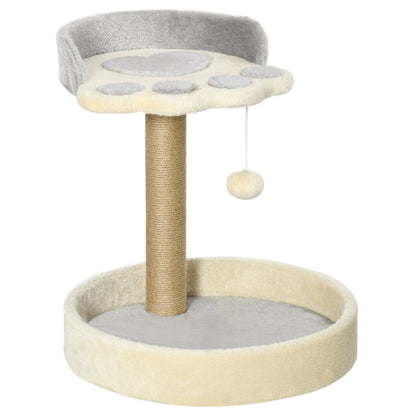 Cat Scratching Post Tree in the Shape of a Paw with 2 Platforms and a Hanging Plush Pompon - Gray
