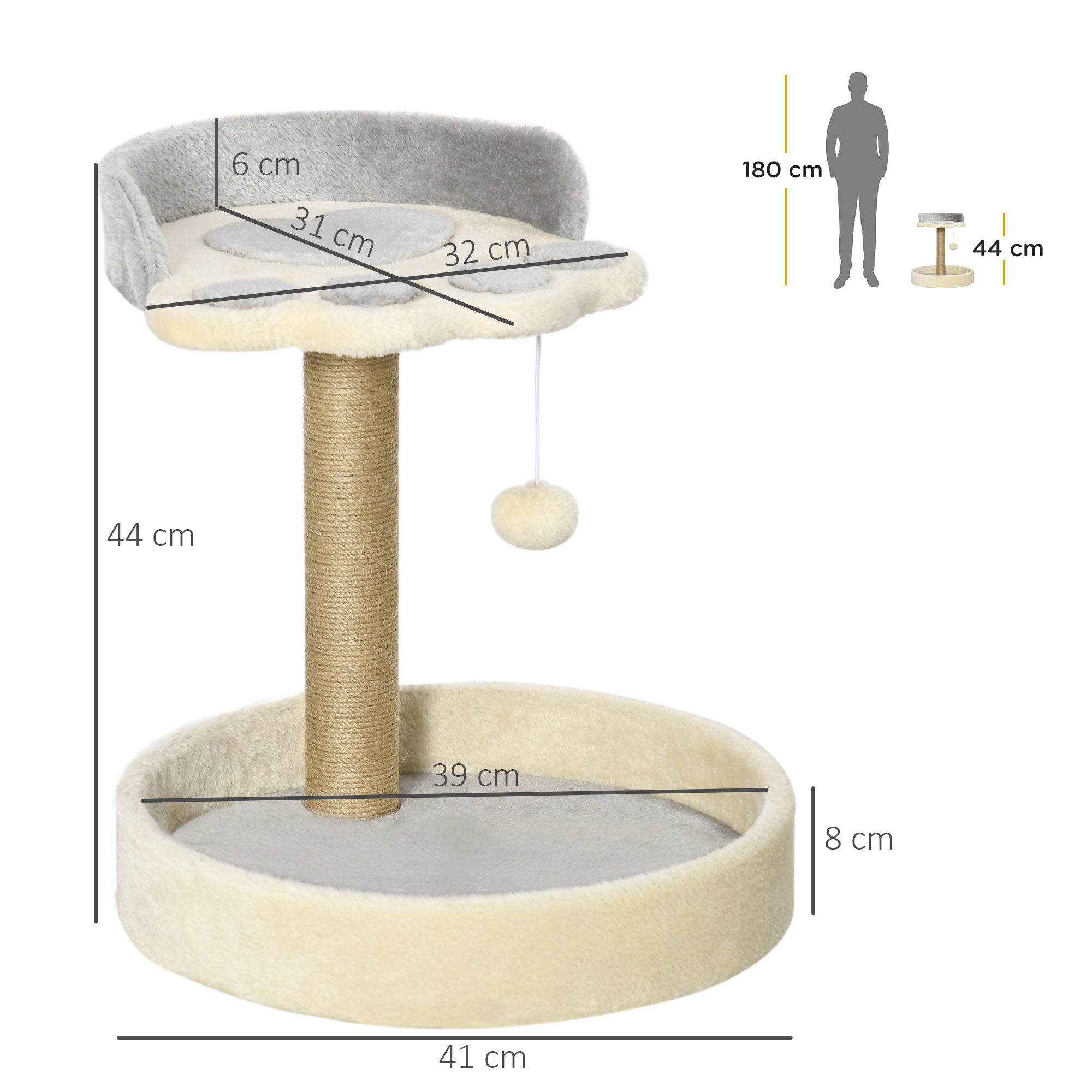 Cat Scratching Post Tree in the Shape of a Paw with 2 Platforms and a Hanging Plush Pompon - Gray