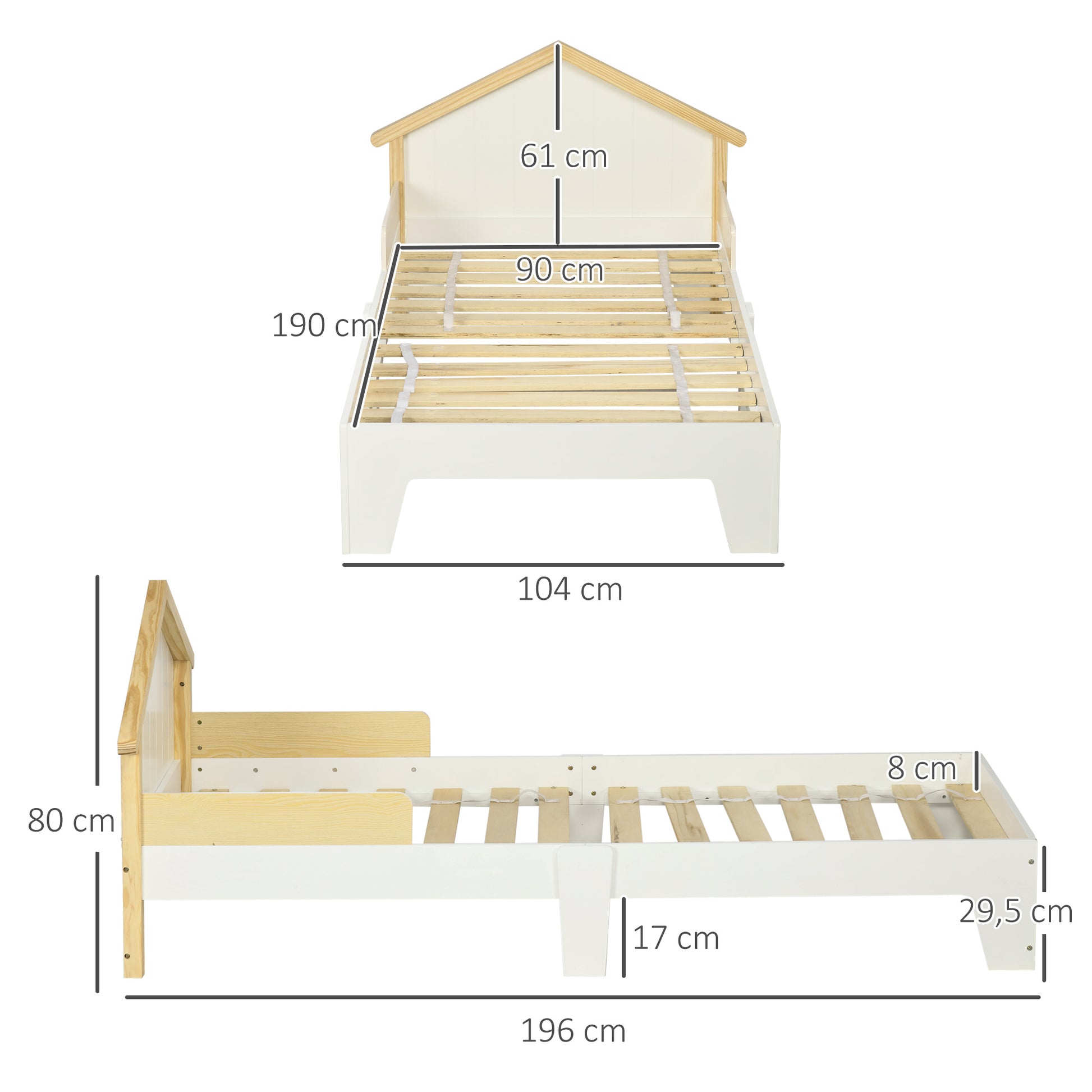 Children's Bed - bed frame with house-shaped headboard and slatted base included - 90 x 190 cm - solid white pine