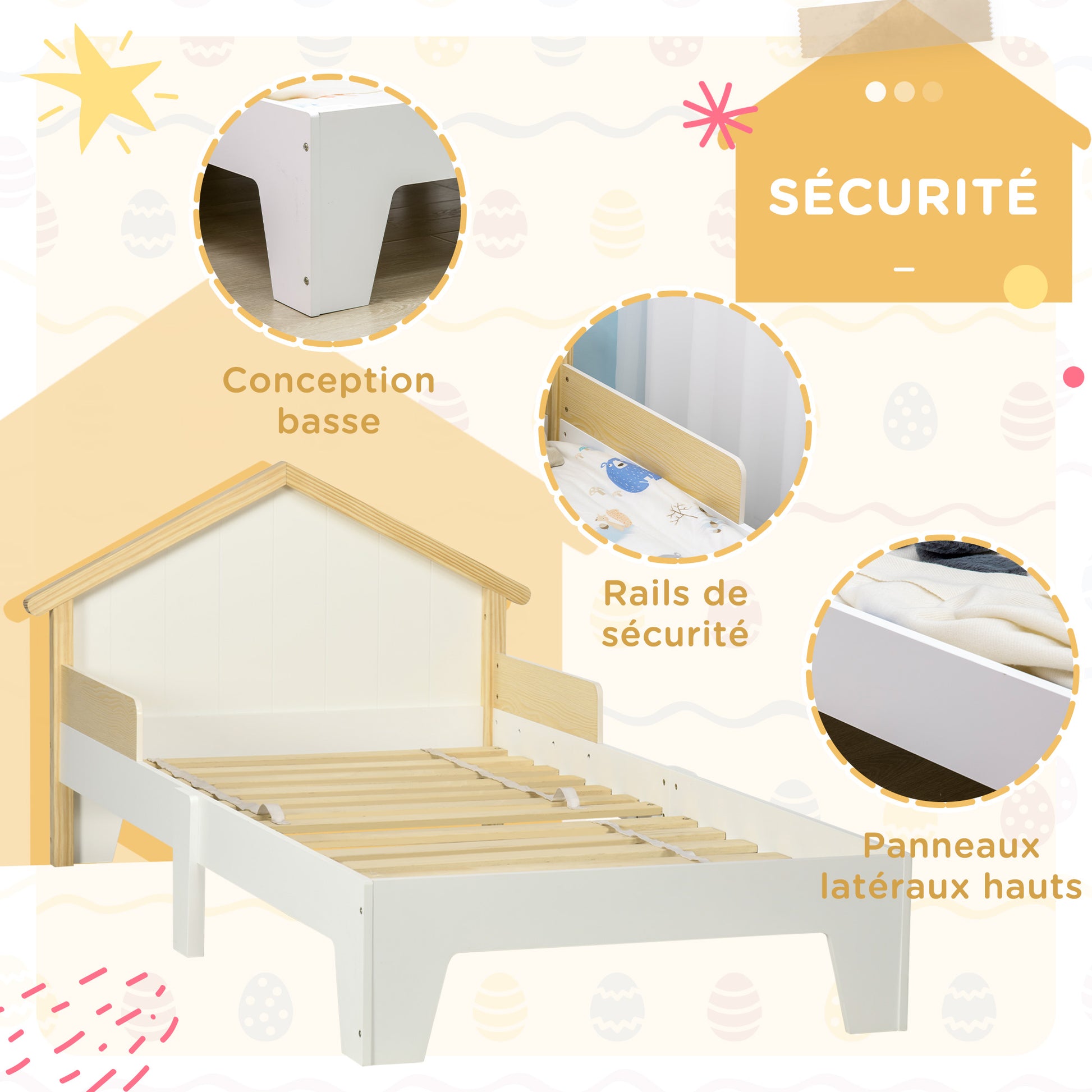 Children's Bed - bed frame with house-shaped headboard and slatted base included - 90 x 190 cm - solid white pine