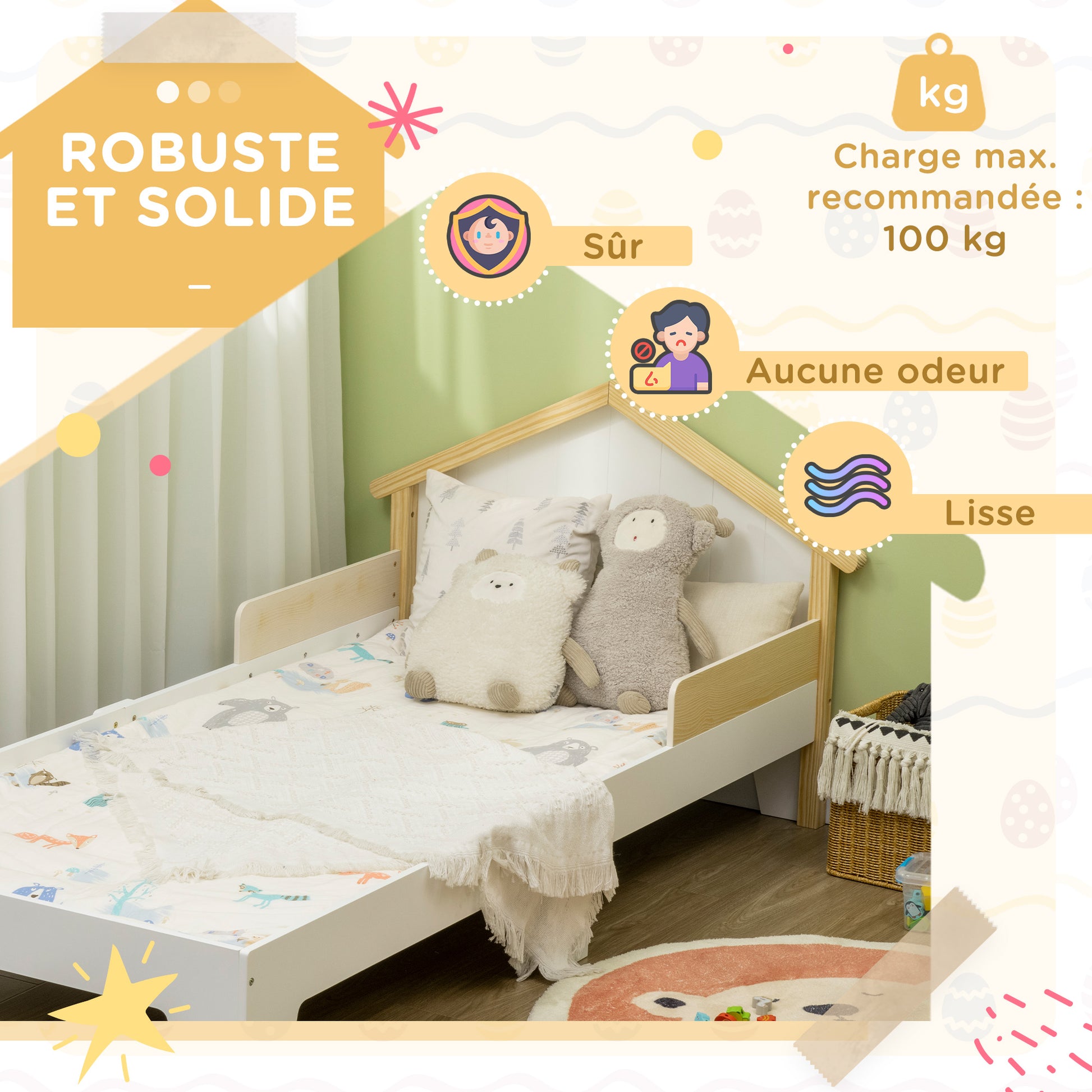Children's Bed - bed frame with house-shaped headboard and slatted base included - 90 x 190 cm - solid white pine