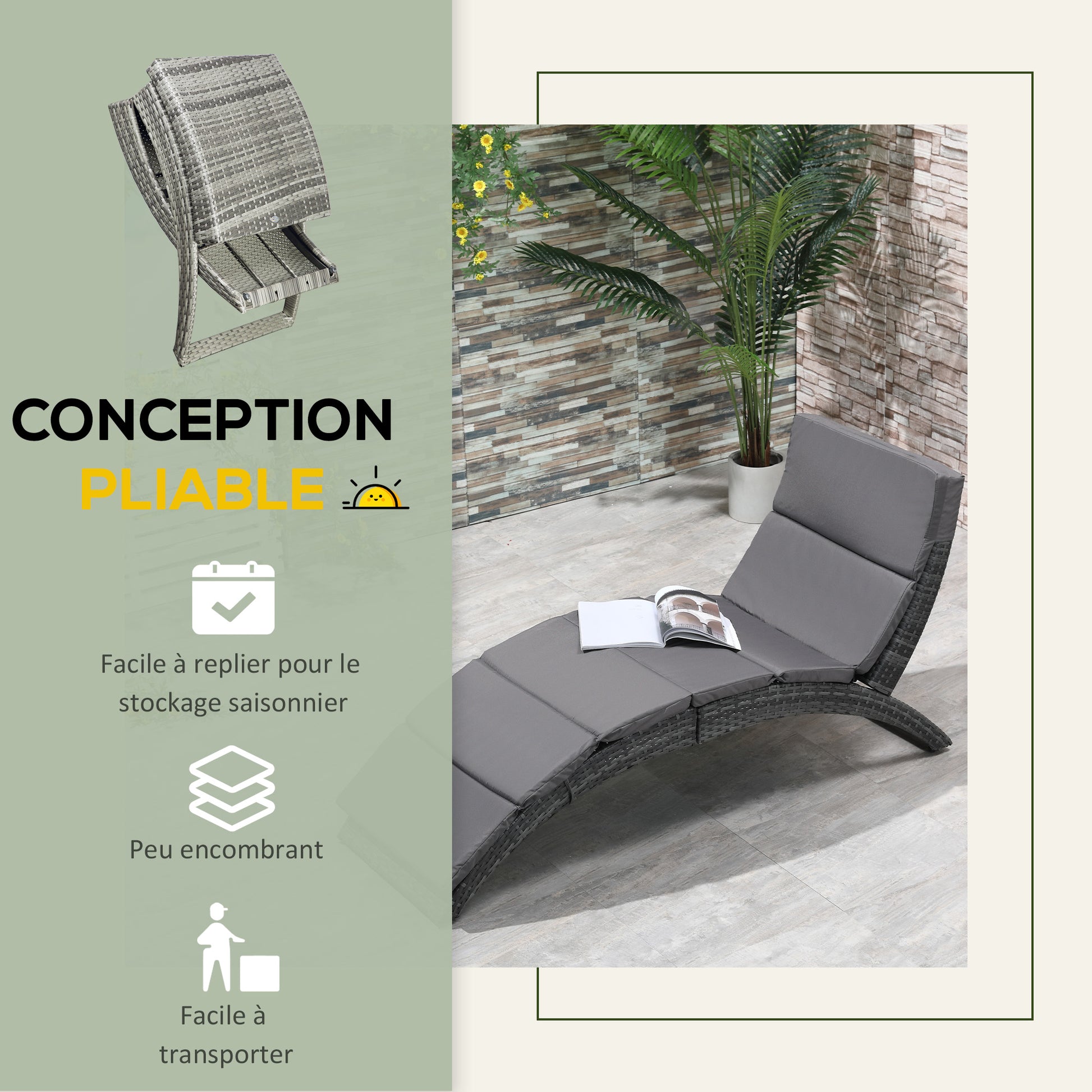 Folding Sun Lounger with Comfortable Mattress for Outdoor Use, Metal and Resin Wicker - Gray