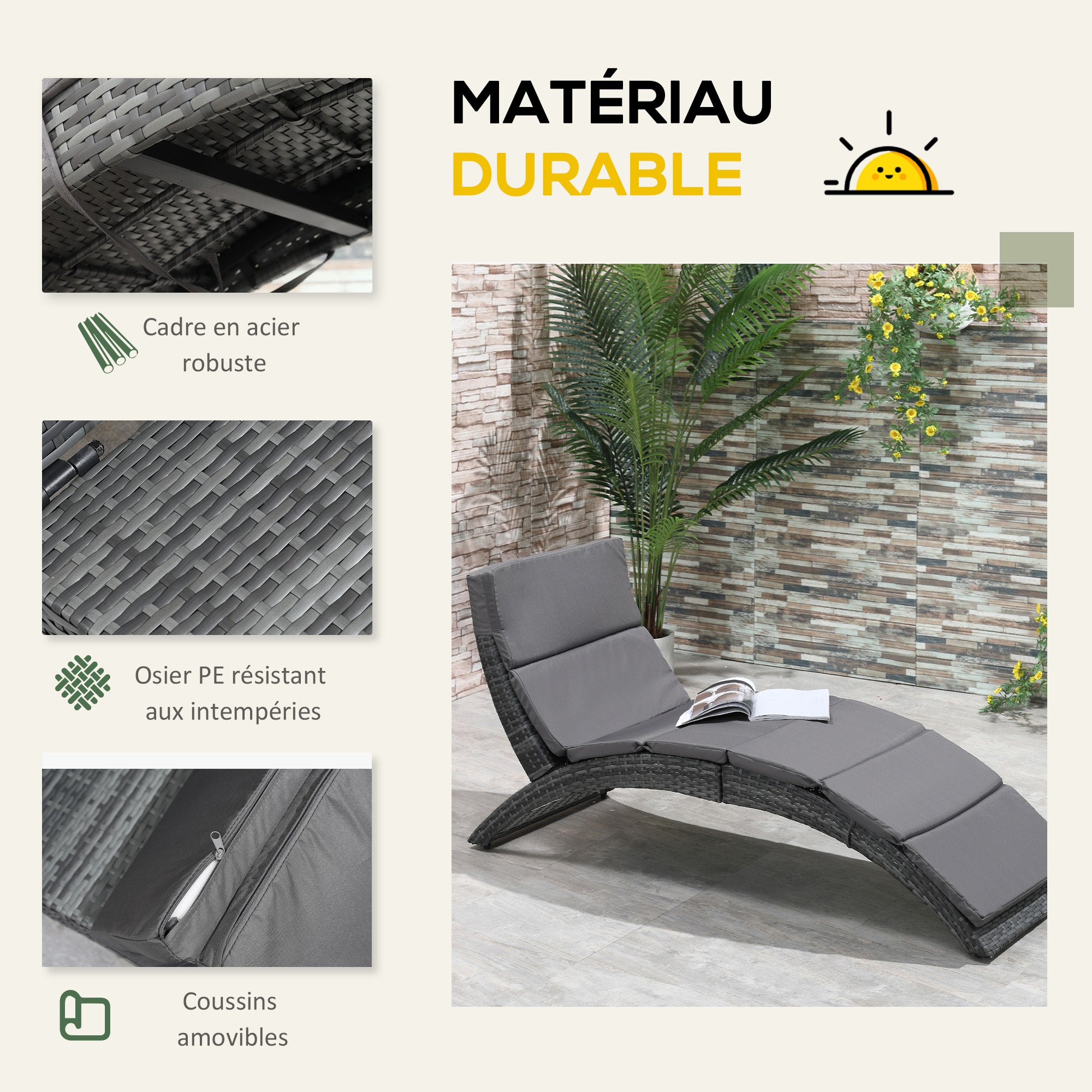 Folding Sun Lounger with Comfortable Mattress for Outdoor Use, Metal and Resin Wicker - Gray