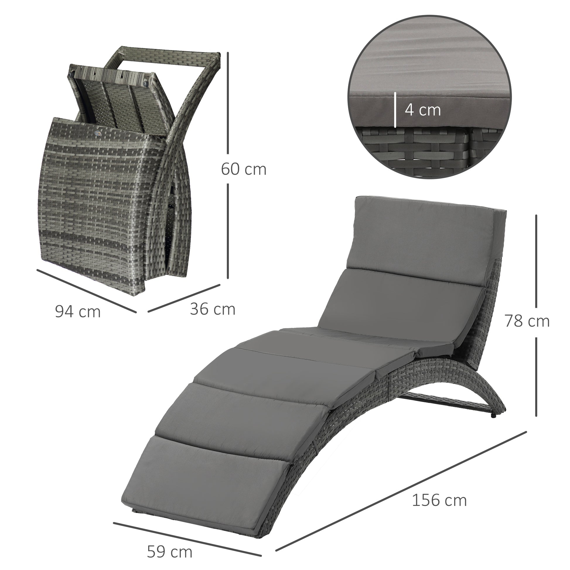 Folding Sun Lounger with Comfortable Mattress for Outdoor Use, Metal and Resin Wicker - Gray