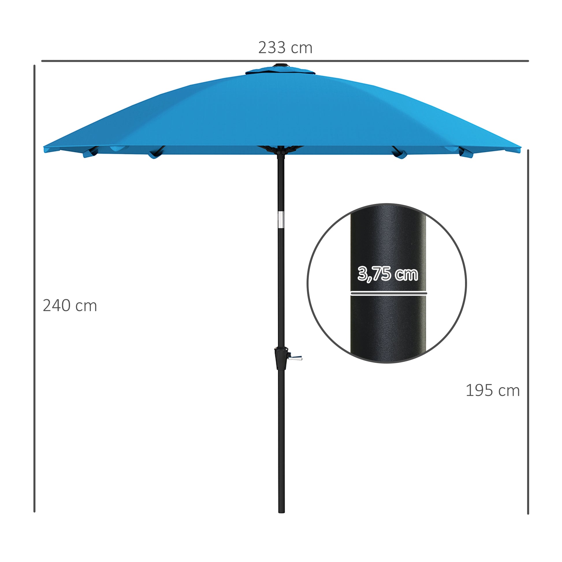 Patio Umbrella 233x233 cm Garden Umbrella with Adjustable Angle Waterproof Aluminum Pole Fiberglass Ribs and Crank Parasol for Patio Terrace Blue