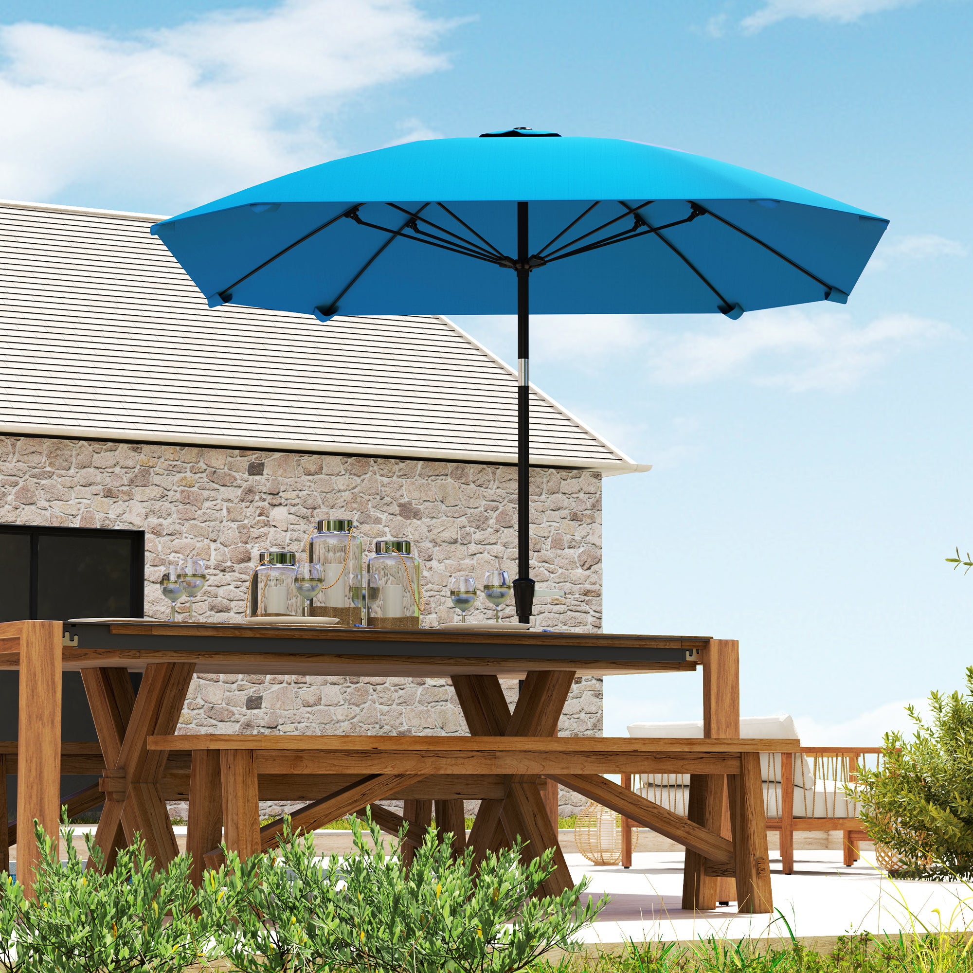 Patio Umbrella 233x233 cm Garden Umbrella with Adjustable Angle Waterproof Aluminum Pole Fiberglass Ribs and Crank Parasol for Patio Terrace Blue
