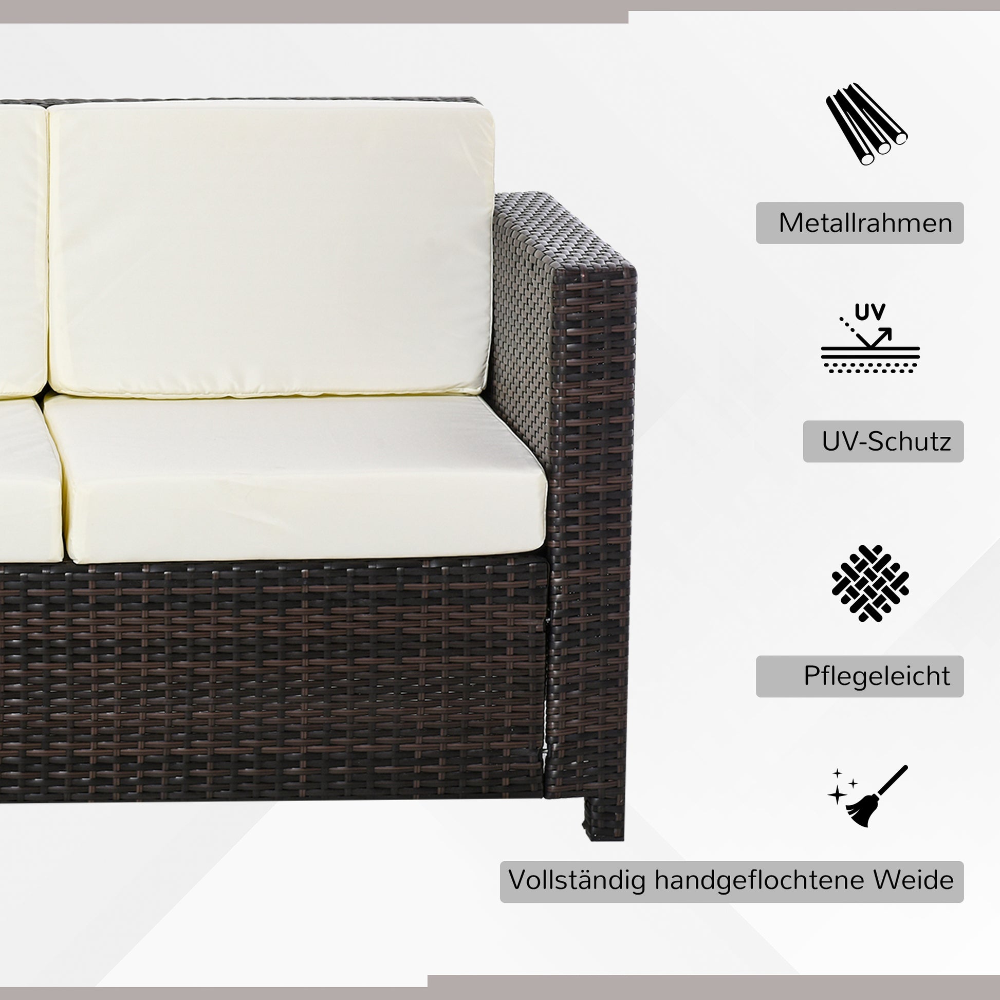 Poly-Rattan Sofa with Cushions 3-Seater Garden Lounge Sofa Metal Polyester Brown+White 185 x 70 x 80 cm