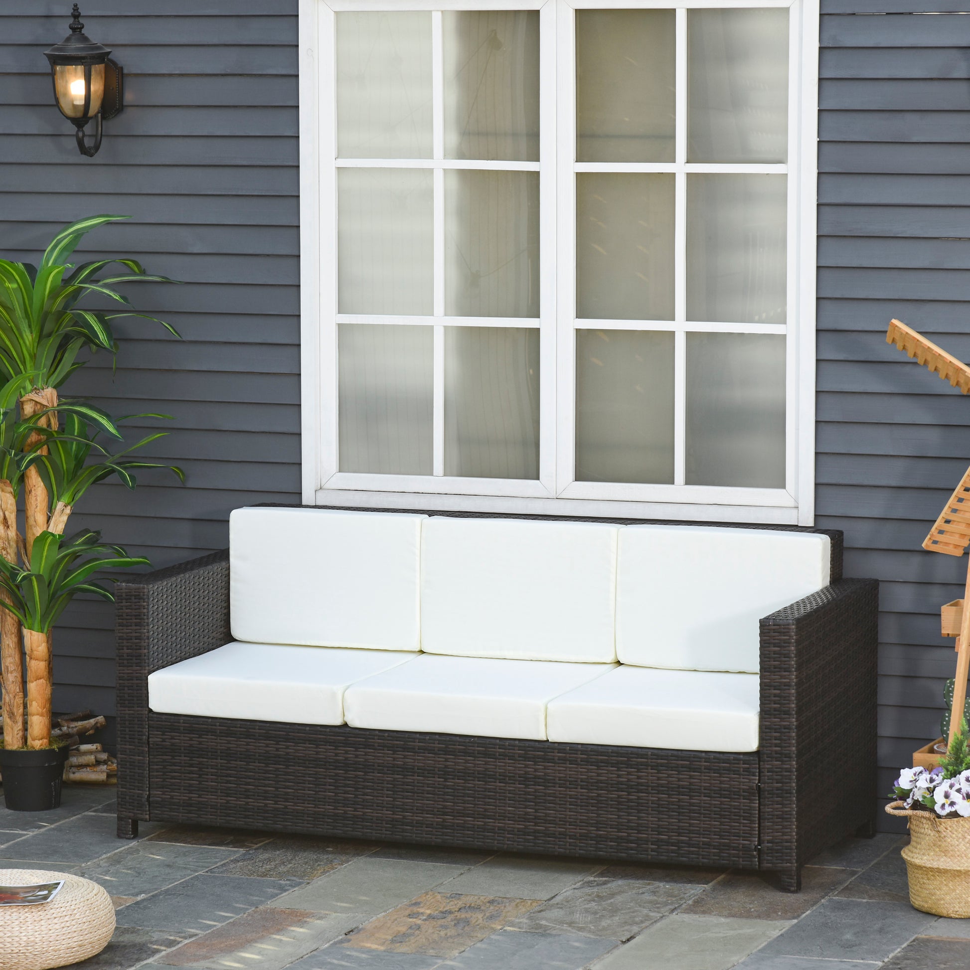 Poly-Rattan Sofa with Cushions 3-Seater Garden Lounge Sofa Metal Polyester Brown+White 185 x 70 x 80 cm