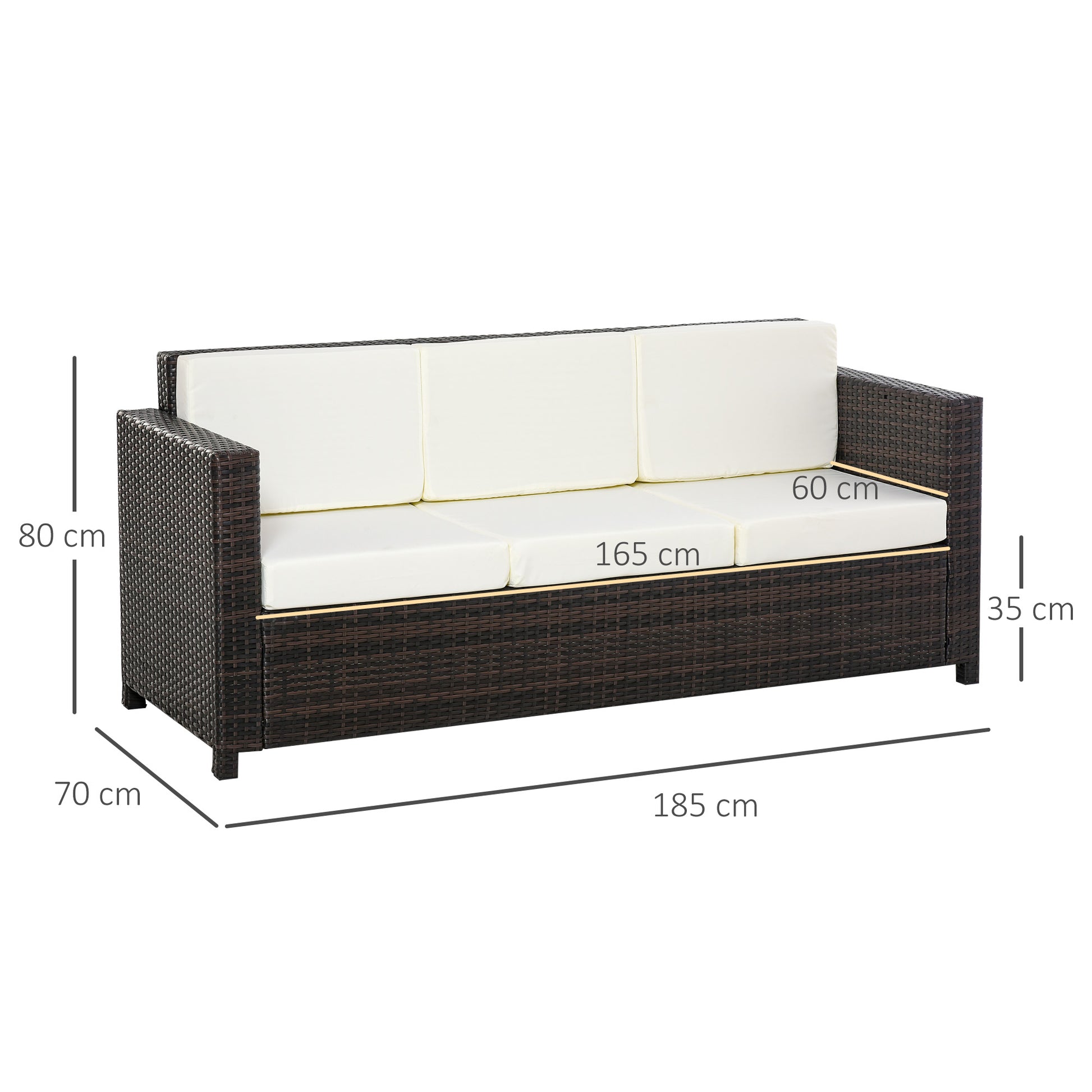 Poly-Rattan Sofa with Cushions 3-Seater Garden Lounge Sofa Metal Polyester Brown+White 185 x 70 x 80 cm