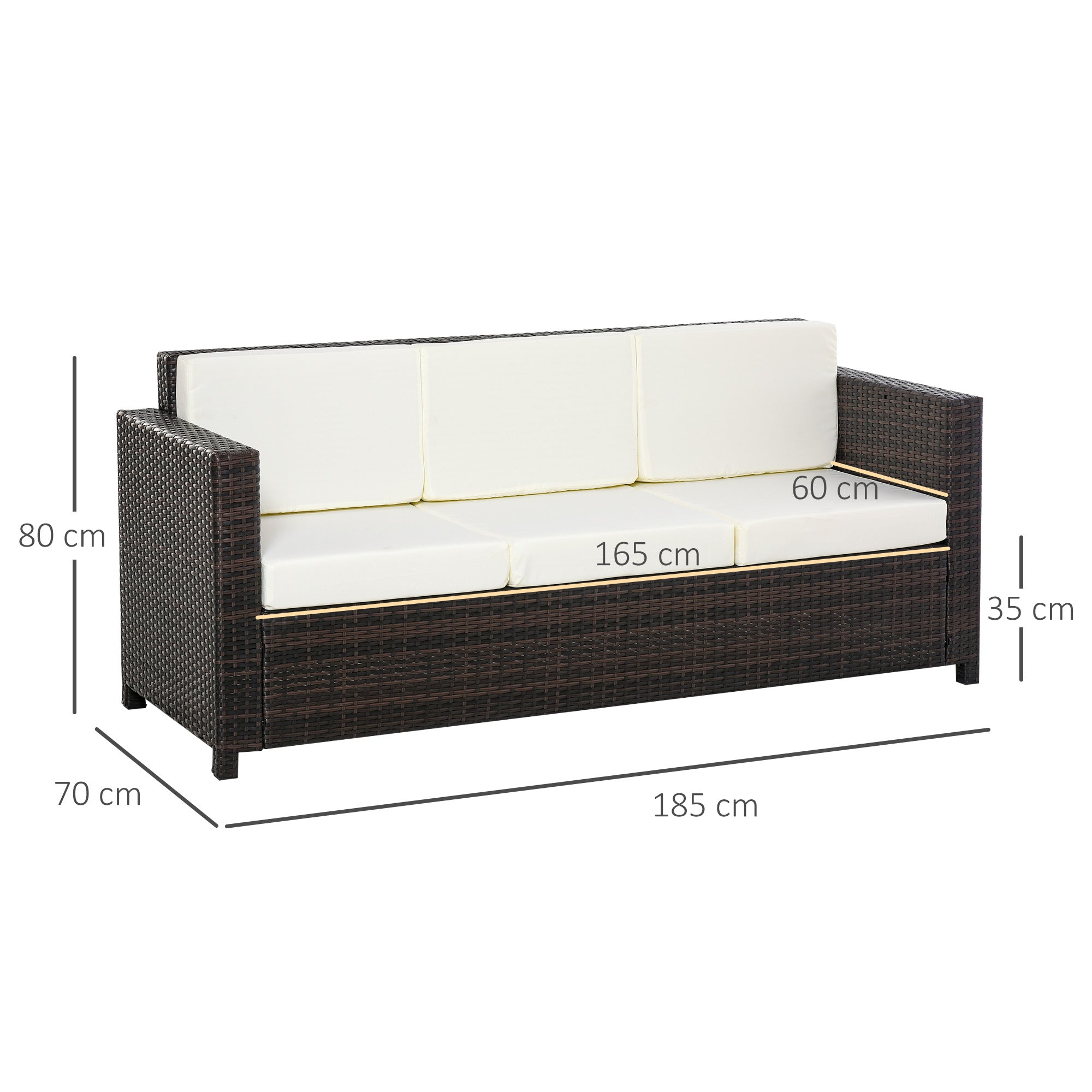 Poly-Rattan Sofa with Cushions 3-Seater Garden Lounge Sofa Metal Polyester Brown+White 185 x 70 x 80 cm
