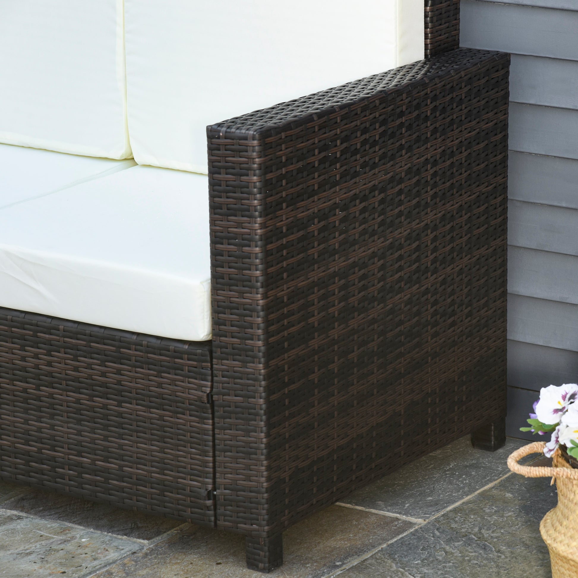 Poly-Rattan Sofa with Cushions 3-Seater Garden Lounge Sofa Metal Polyester Brown+White 185 x 70 x 80 cm