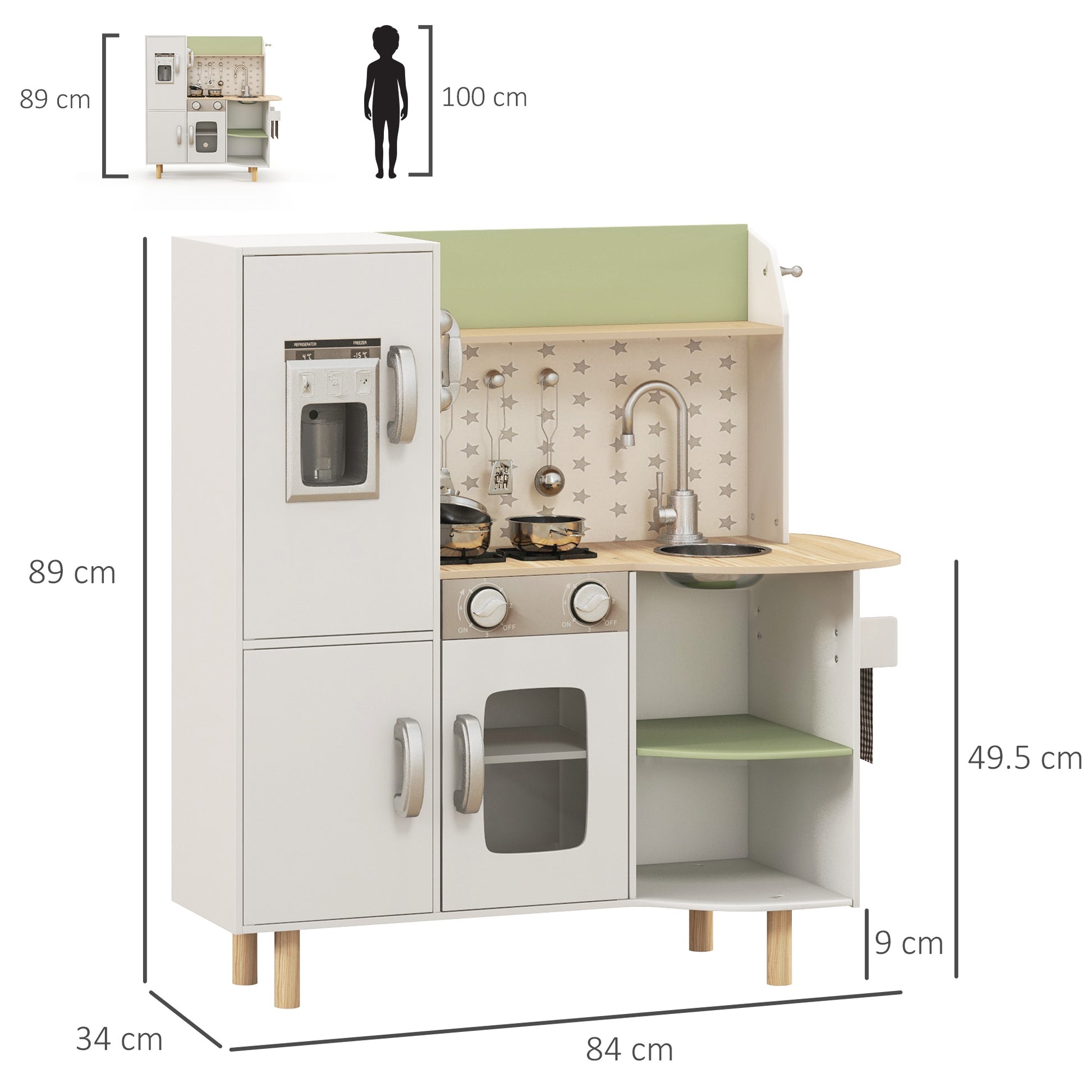 Wooden Toy Kitchen for Children 3-6 Years Old Play Kitchen with Ice Maker Stainless Steel Sink, Mobile Cup, and Utensils 84x34x89 cm White