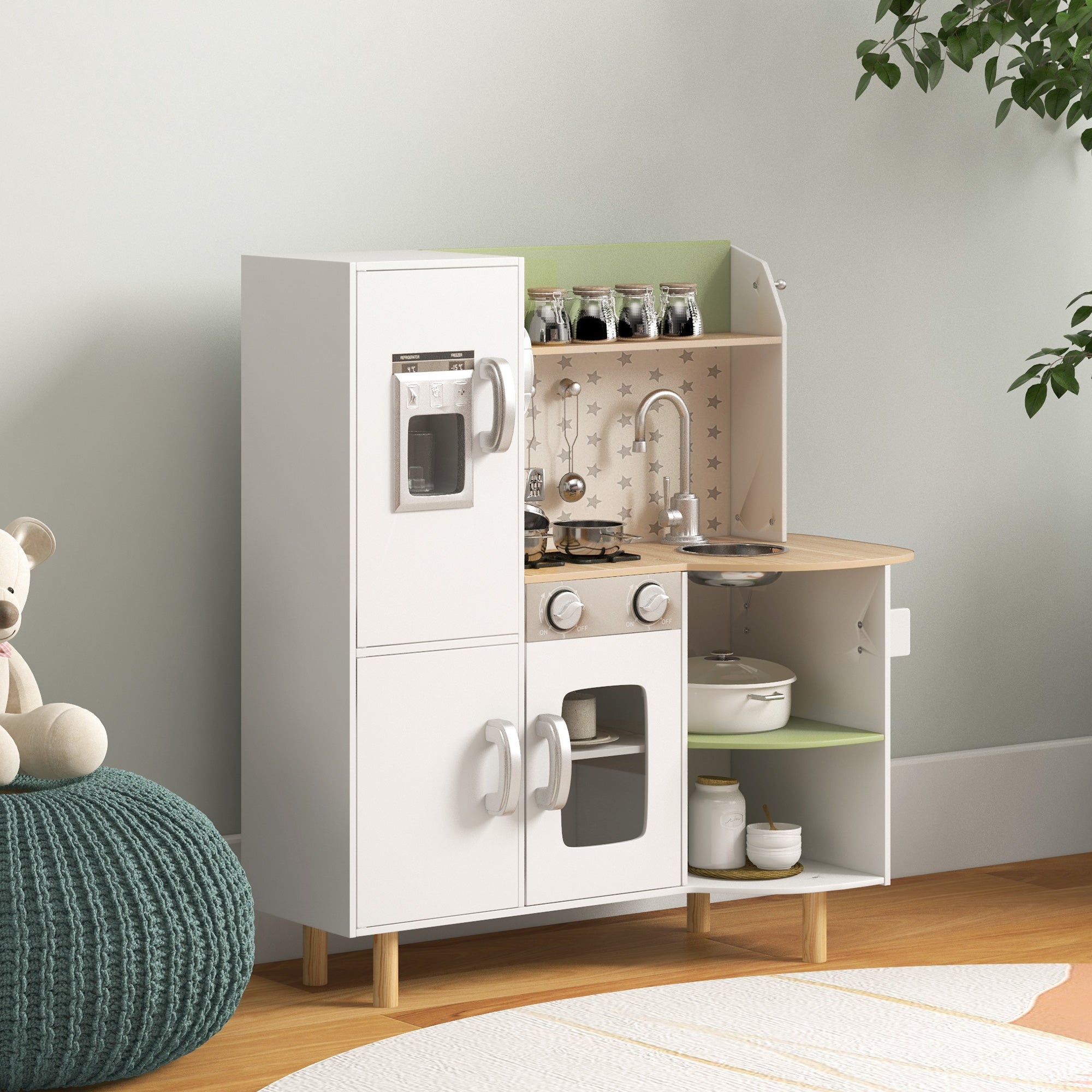 Wooden Toy Kitchen for Children 3-6 Years Old Play Kitchen with Ice Maker Stainless Steel Sink, Mobile Cup, and Utensils 84x34x89 cm White