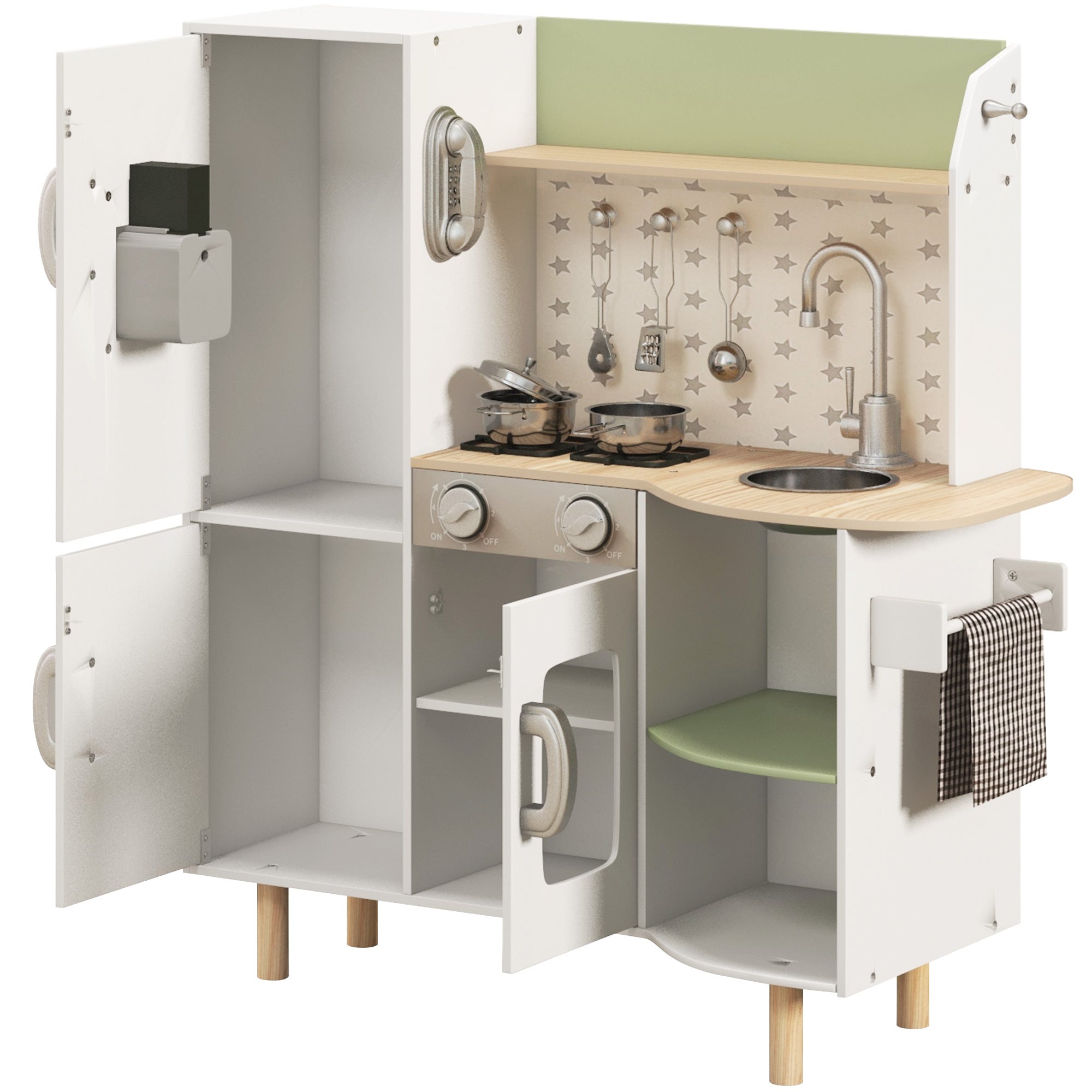 Wooden Toy Kitchen for Children 3-6 Years Old Play Kitchen with Ice Maker Stainless Steel Sink, Mobile Cup, and Utensils 84x34x89 cm White