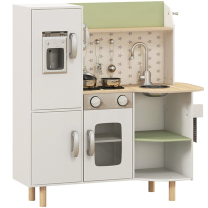 Wooden Toy Kitchen for Children 3-6 Years Old Play Kitchen with Ice Maker Stainless Steel Sink, Mobile Cup, and Utensils 84x34x89 cm White