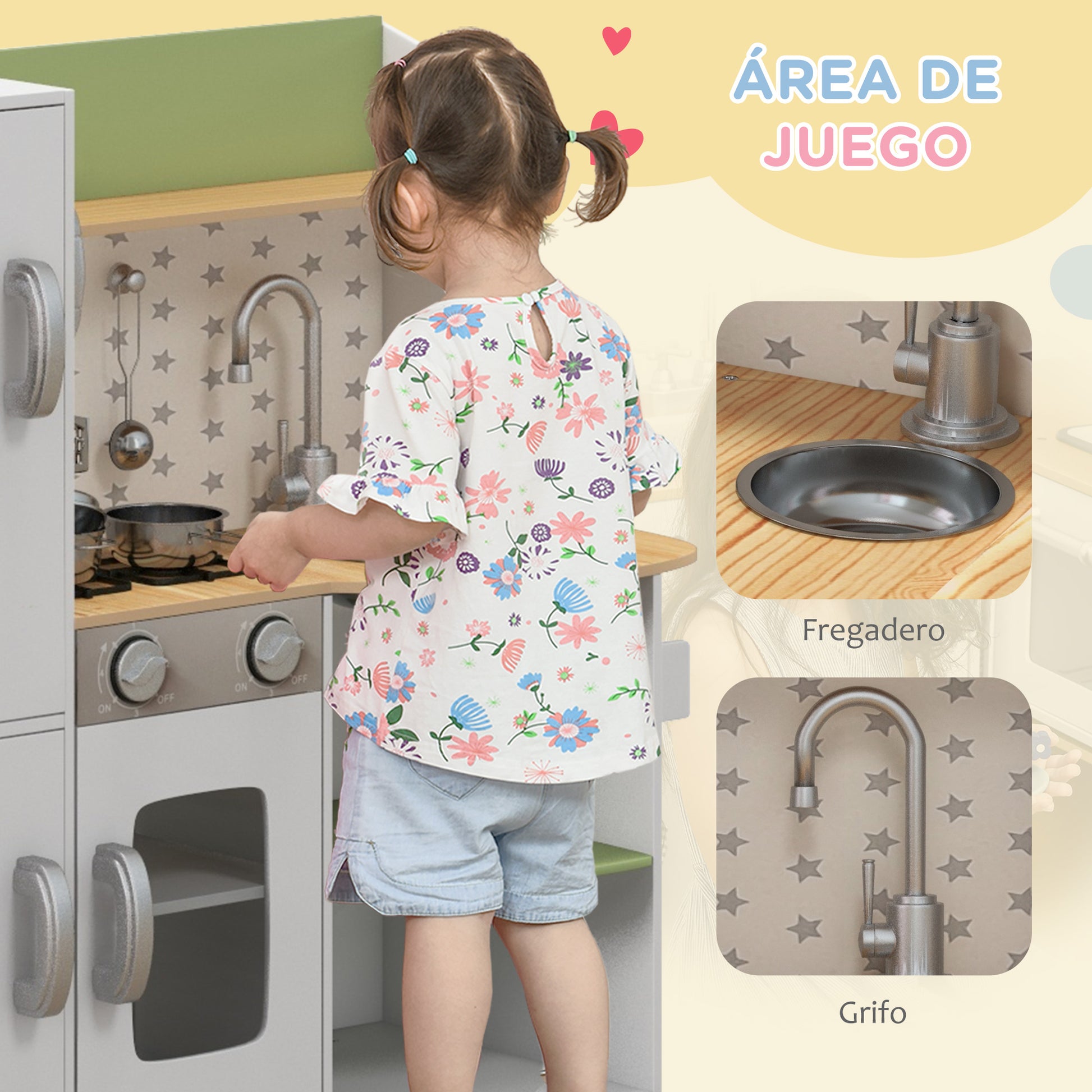 Wooden Toy Kitchen for Children 3-6 Years Old Play Kitchen with Ice Maker Stainless Steel Sink, Mobile Cup, and Utensils 84x34x89 cm White
