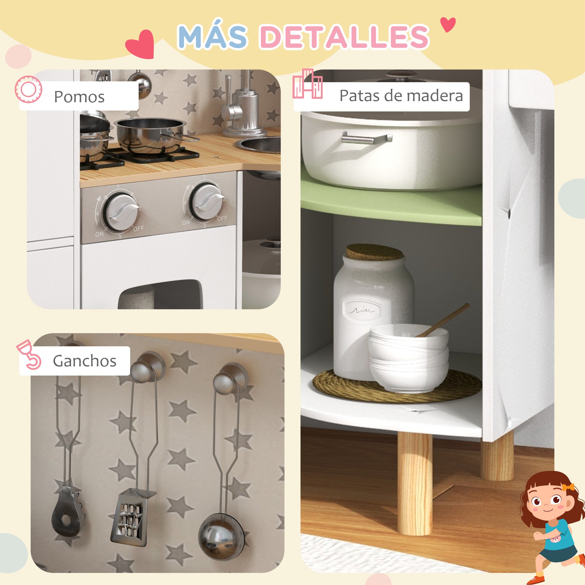 Wooden Toy Kitchen for Children 3-6 Years Old Play Kitchen with Ice Maker Stainless Steel Sink, Mobile Cup, and Utensils 84x34x89 cm White