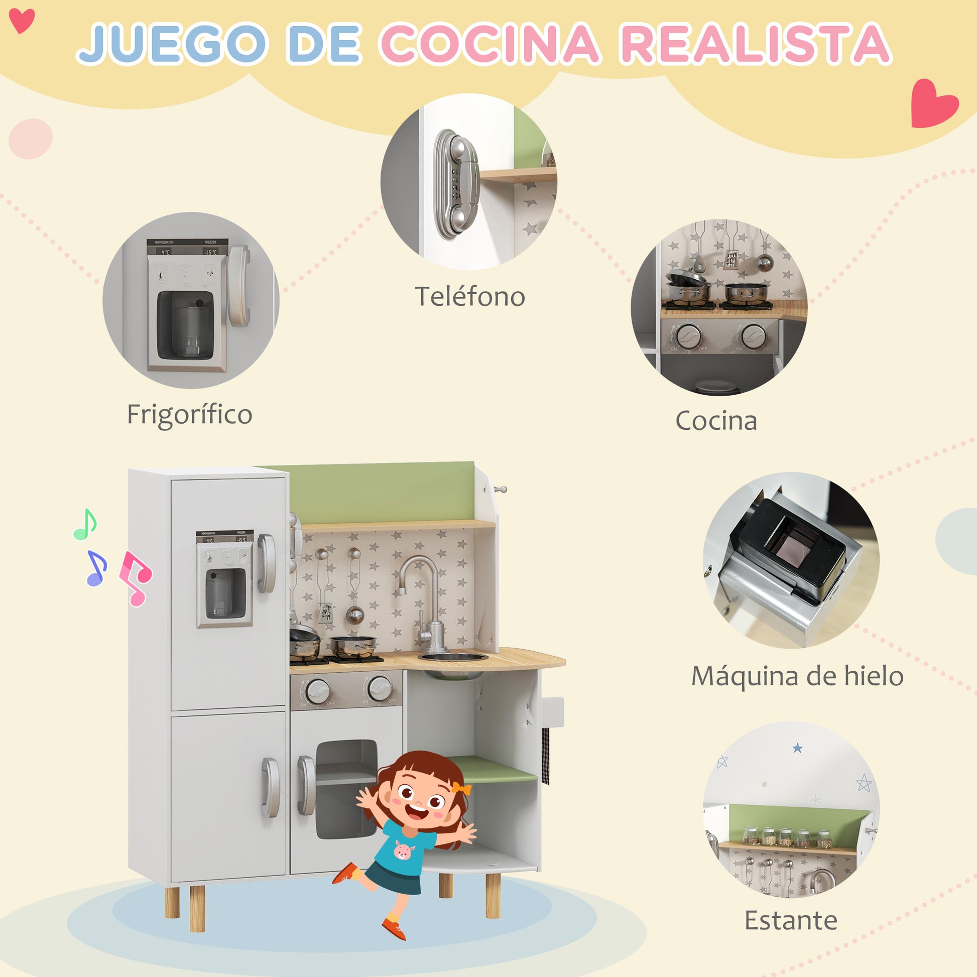 Wooden Toy Kitchen for Children 3-6 Years Old Play Kitchen with Ice Maker Stainless Steel Sink, Mobile Cup, and Utensils 84x34x89 cm White