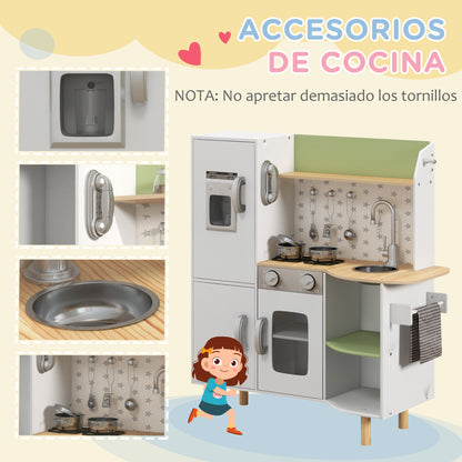 Wooden Toy Kitchen for Children 3-6 Years Old Play Kitchen with Ice Maker Stainless Steel Sink, Mobile Cup, and Utensils 84x34x89 cm White