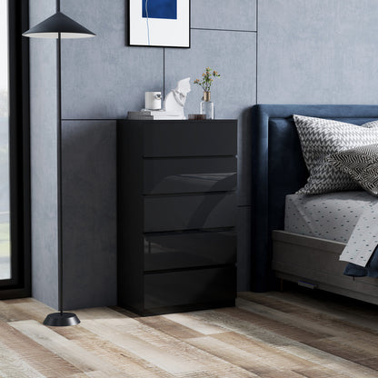 5-Drawer Chest Modern Bedroom Chest with Anti-Tipping Design Dresser for Living Room Hallway 55x34x100 cm Black Gloss