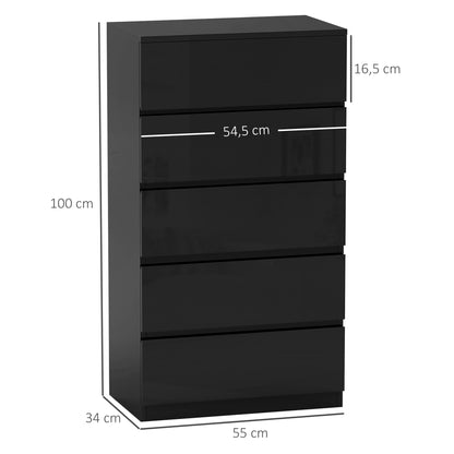 5-Drawer Chest Modern Bedroom Chest with Anti-Tipping Design Dresser for Living Room Hallway 55x34x100 cm Black Gloss